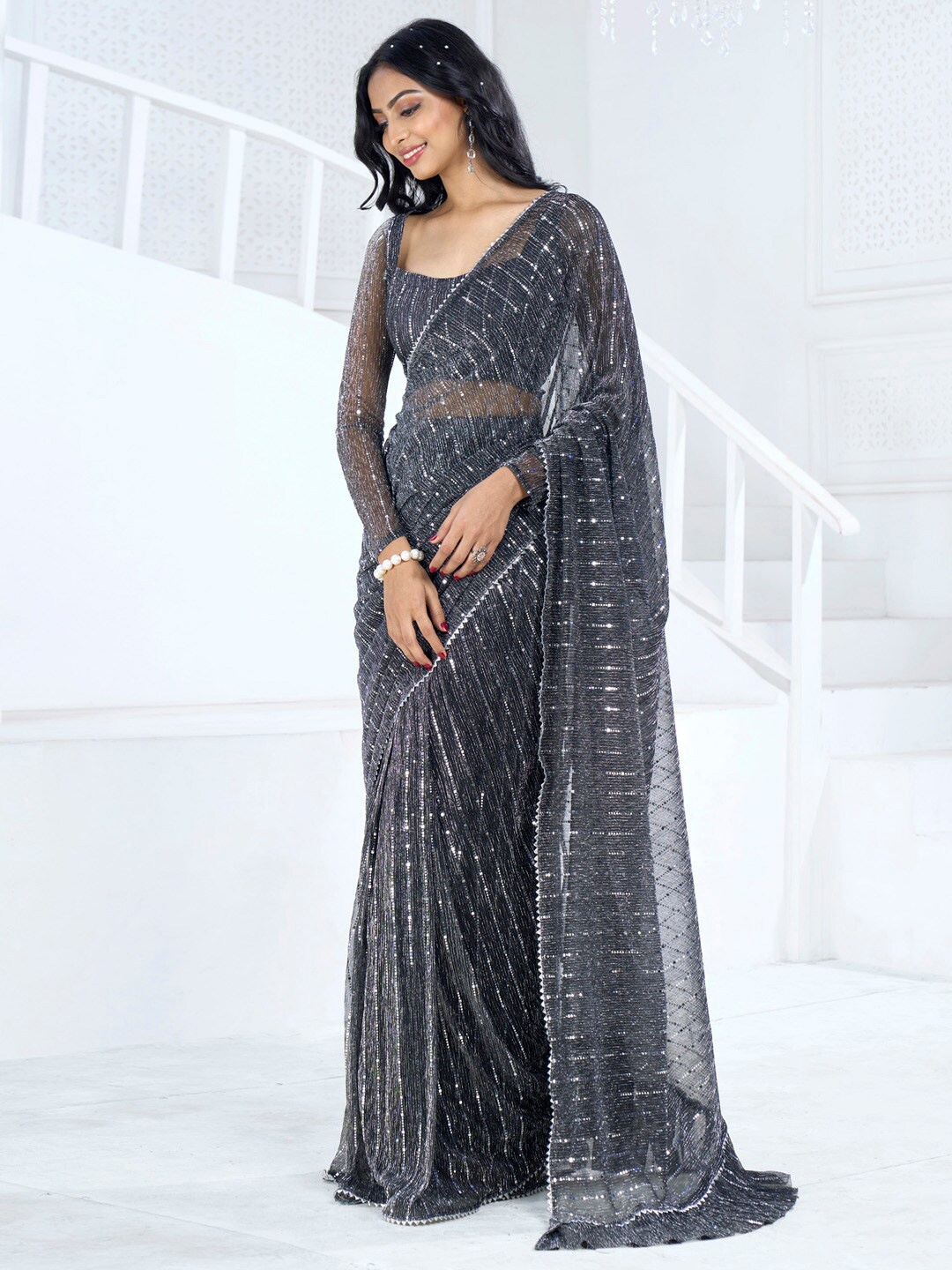 

Saree mall Embellished Sequinned Ready to Wear Saree, Black