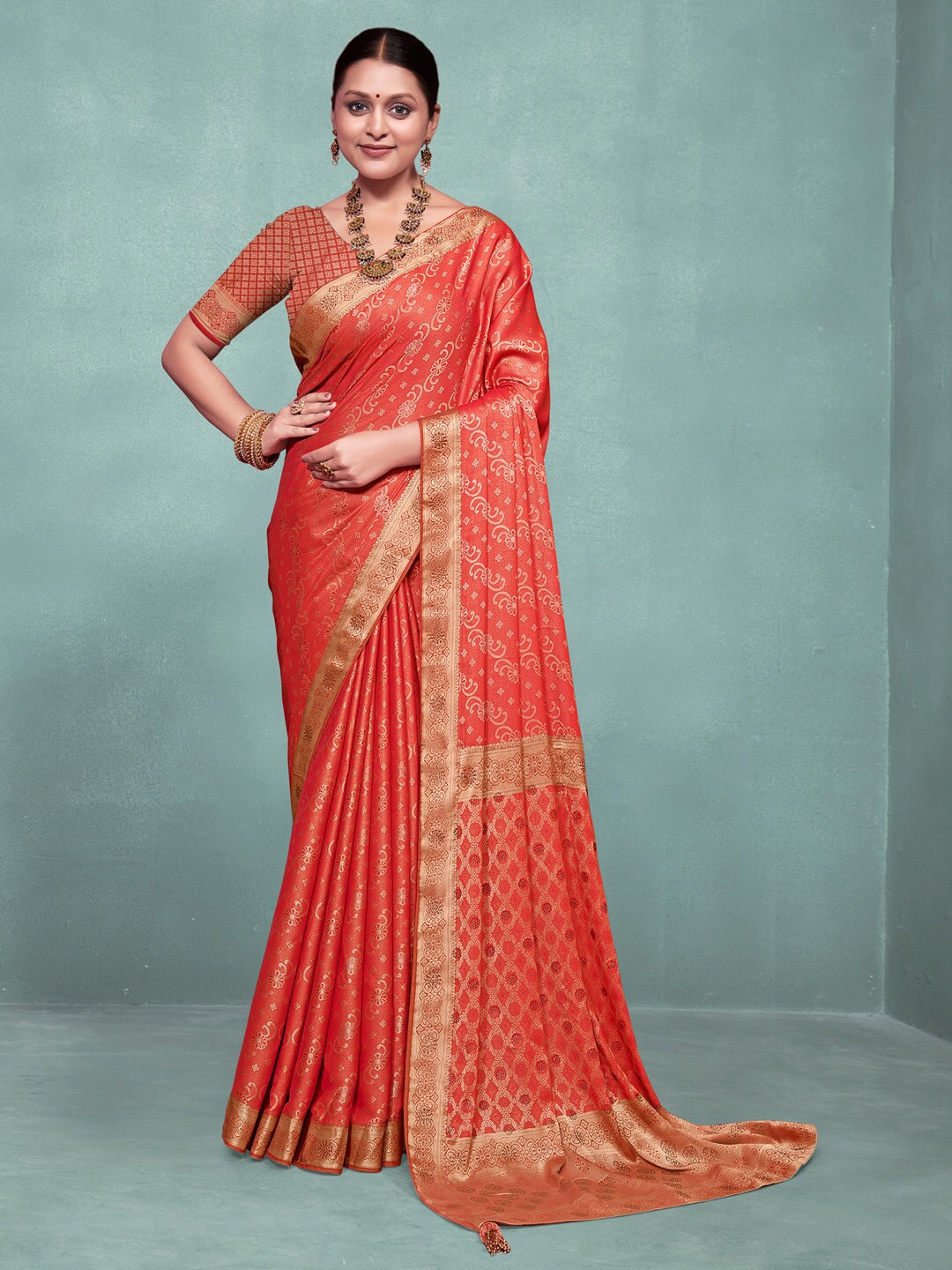 

Saree mall Ethnic Motif Woven Design Zari Pure Silk Banarasi Sarees, Orange
