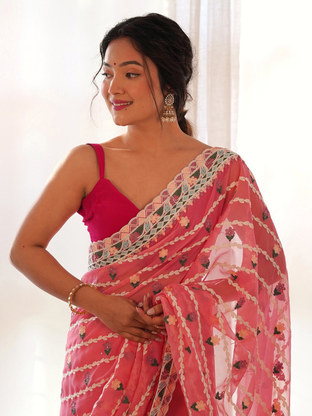 

Saree mall Ethnic Motifs Embroidered Net Sarees, Peach