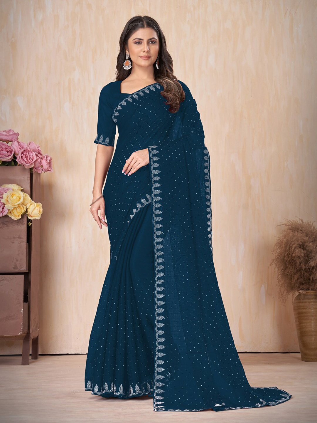

Saree mall Embellished Beads and Stones Pure Chiffon Saree, Navy blue