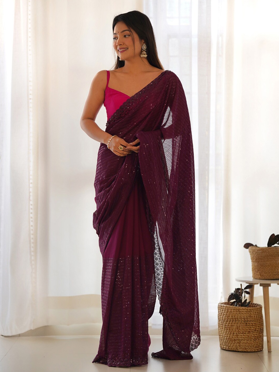 

Saree mall Embellished Sequinned Poly Georgette Saree, Purple