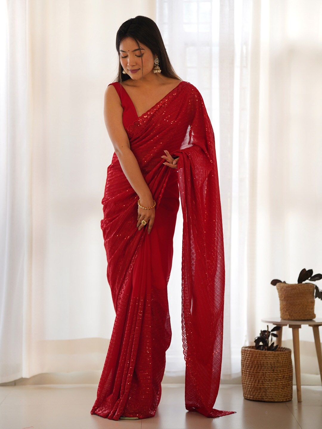 

Saree mall Embellished Sequinned Poly Georgette Saree, Red