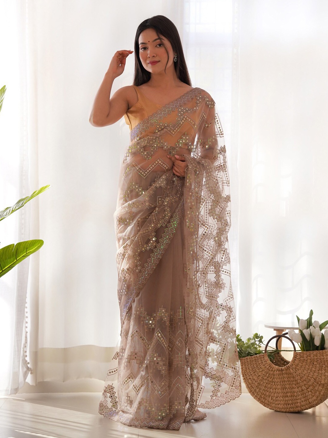 

Saree mall Embellished Sequinned Net Saree, Beige