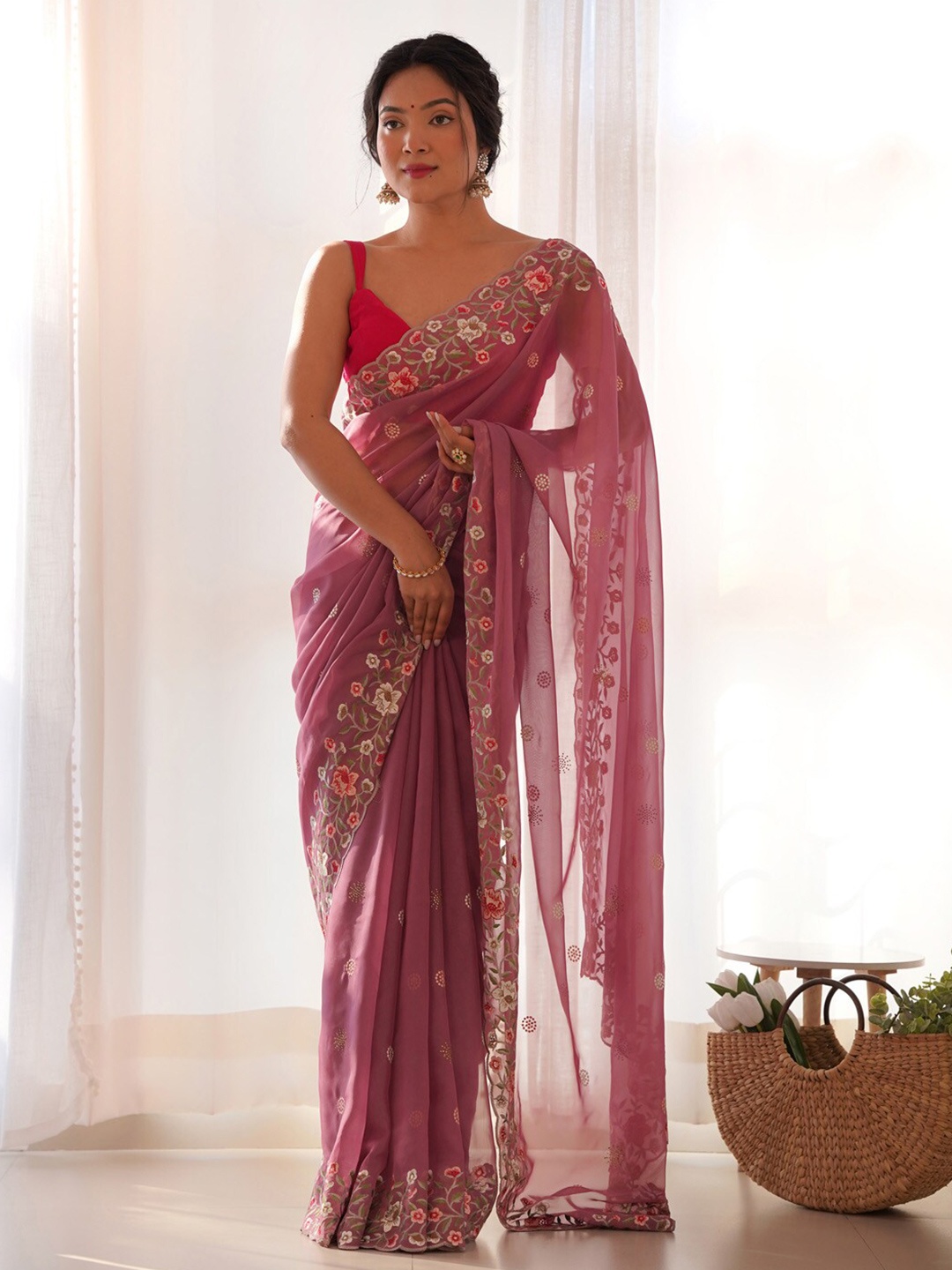 

Saree mall Ethnic Motifs Embroidered Organza Sarees, Mauve