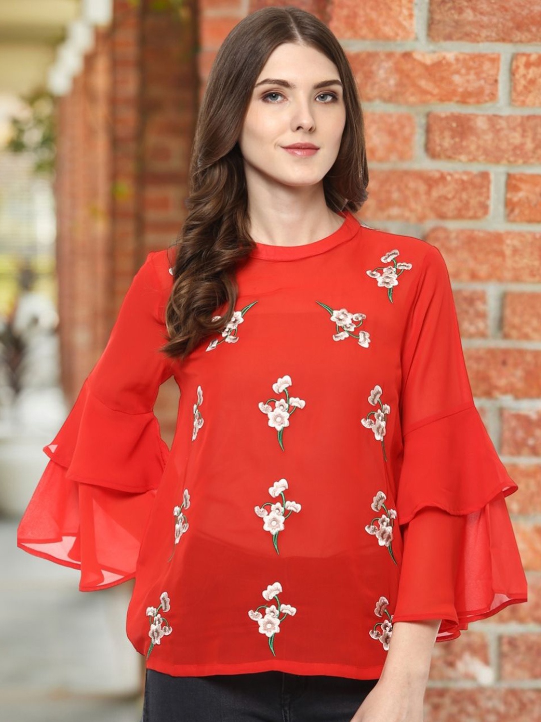 

Moda Elementi Floral Print Flutter Sleeve Regular Top, Red