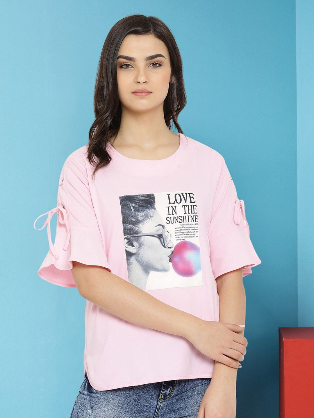 

Moda Elementi Round Neck Print Cotton Top, Pink