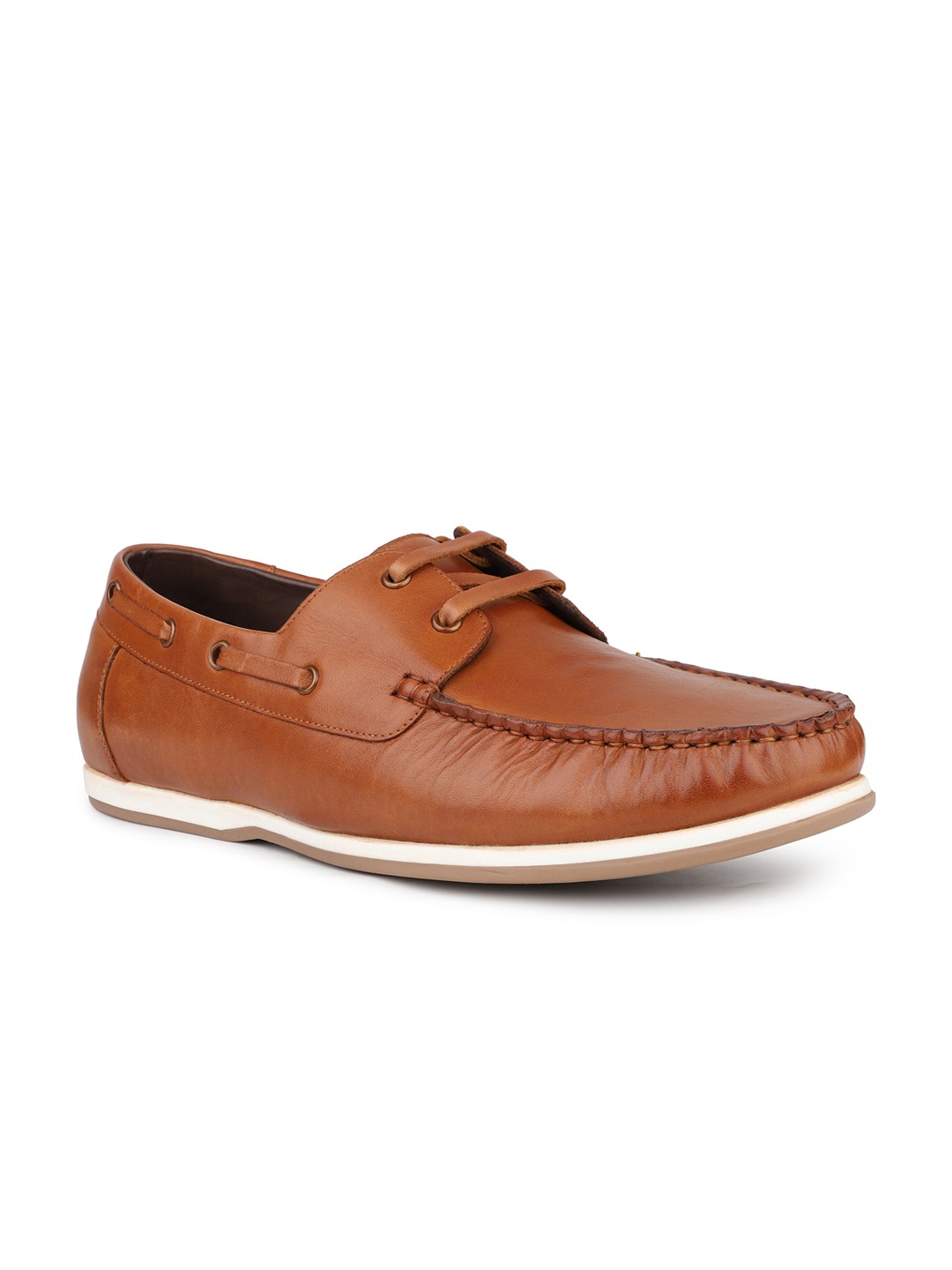 

ATESBER by Inc.5 Men Round Toe Leather Boat Shoes, Tan