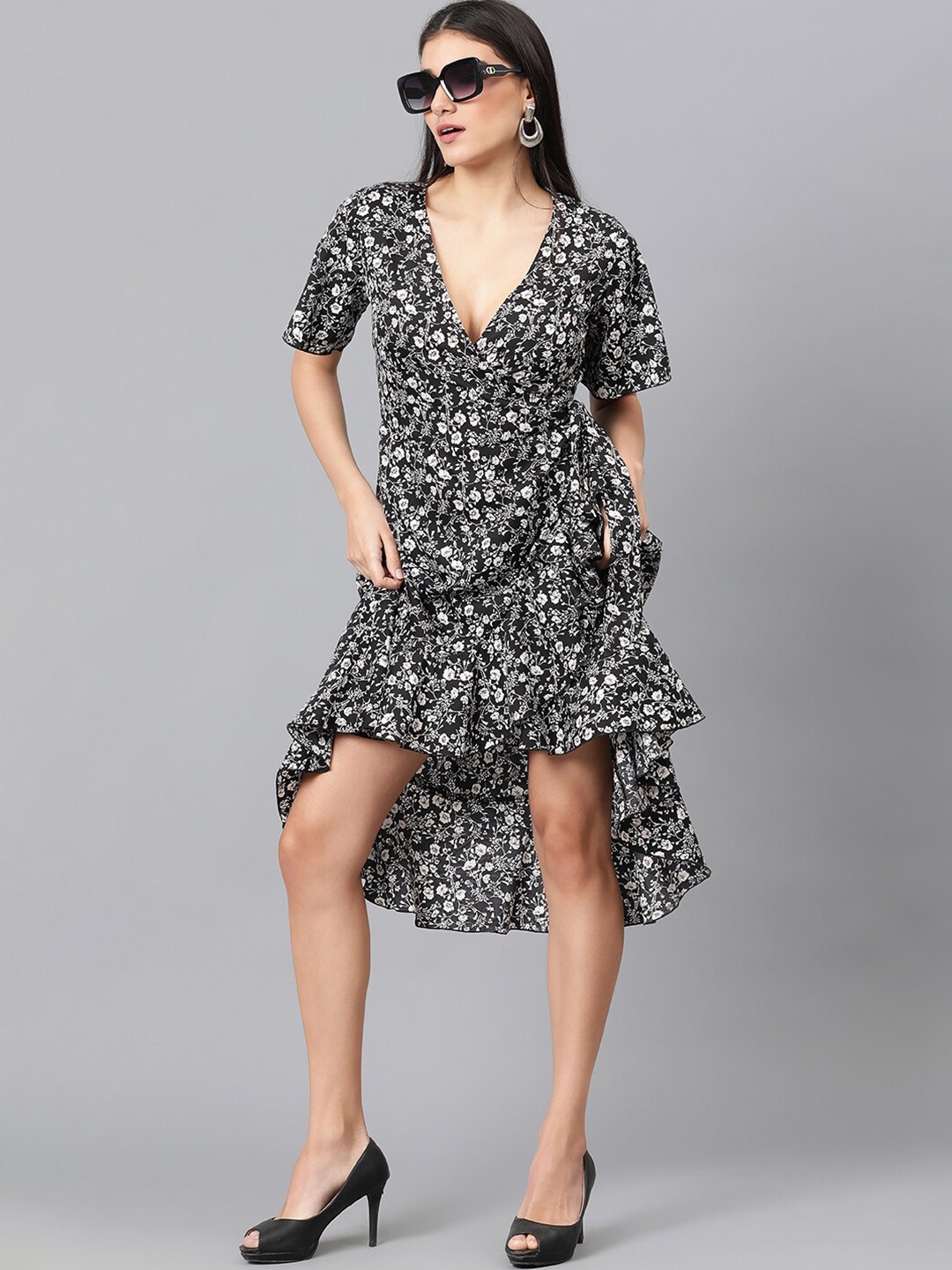 

Kotty Black & White Floral Printed Flared Sleeves Crepe Ruffles Wrap Dress