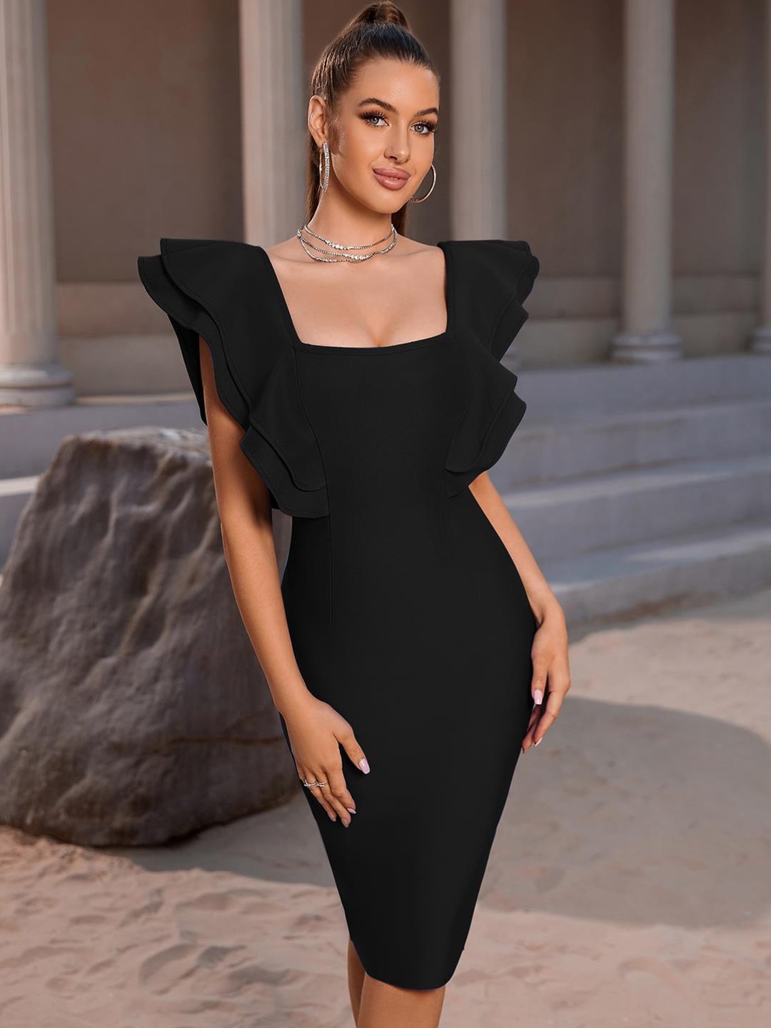 

Kotty Black Square Neck Flutter Sleeves Bodycon Dress