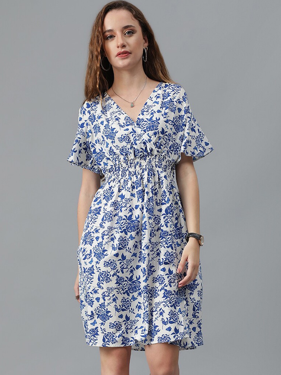 

Kotty White & Blue Floral Printed Flared Sleeves Crepe Smocked Fit & Flare Dress