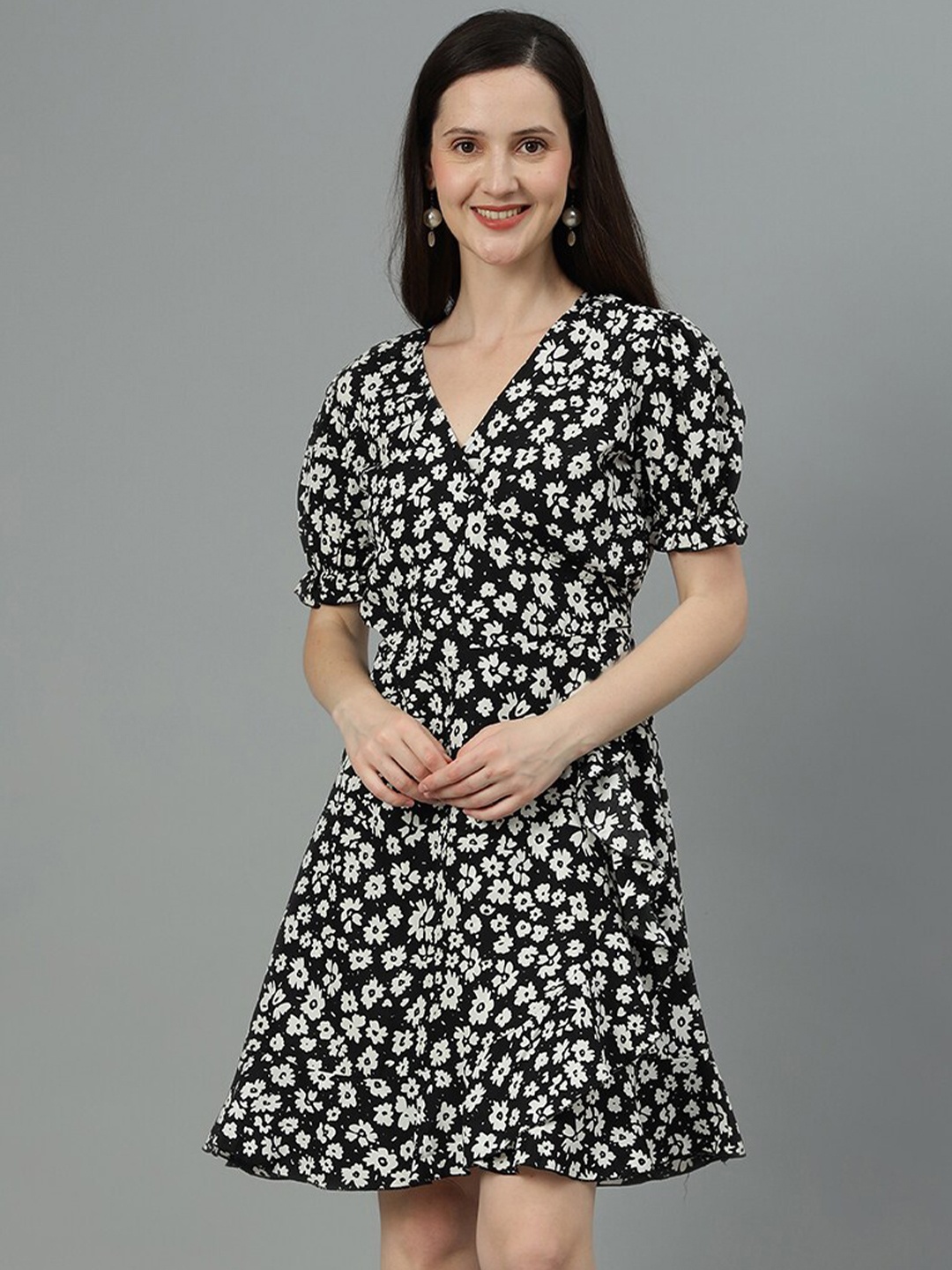 

Kotty Black & White Floral Printed Puff Sleeves Crepe Wrap Dress