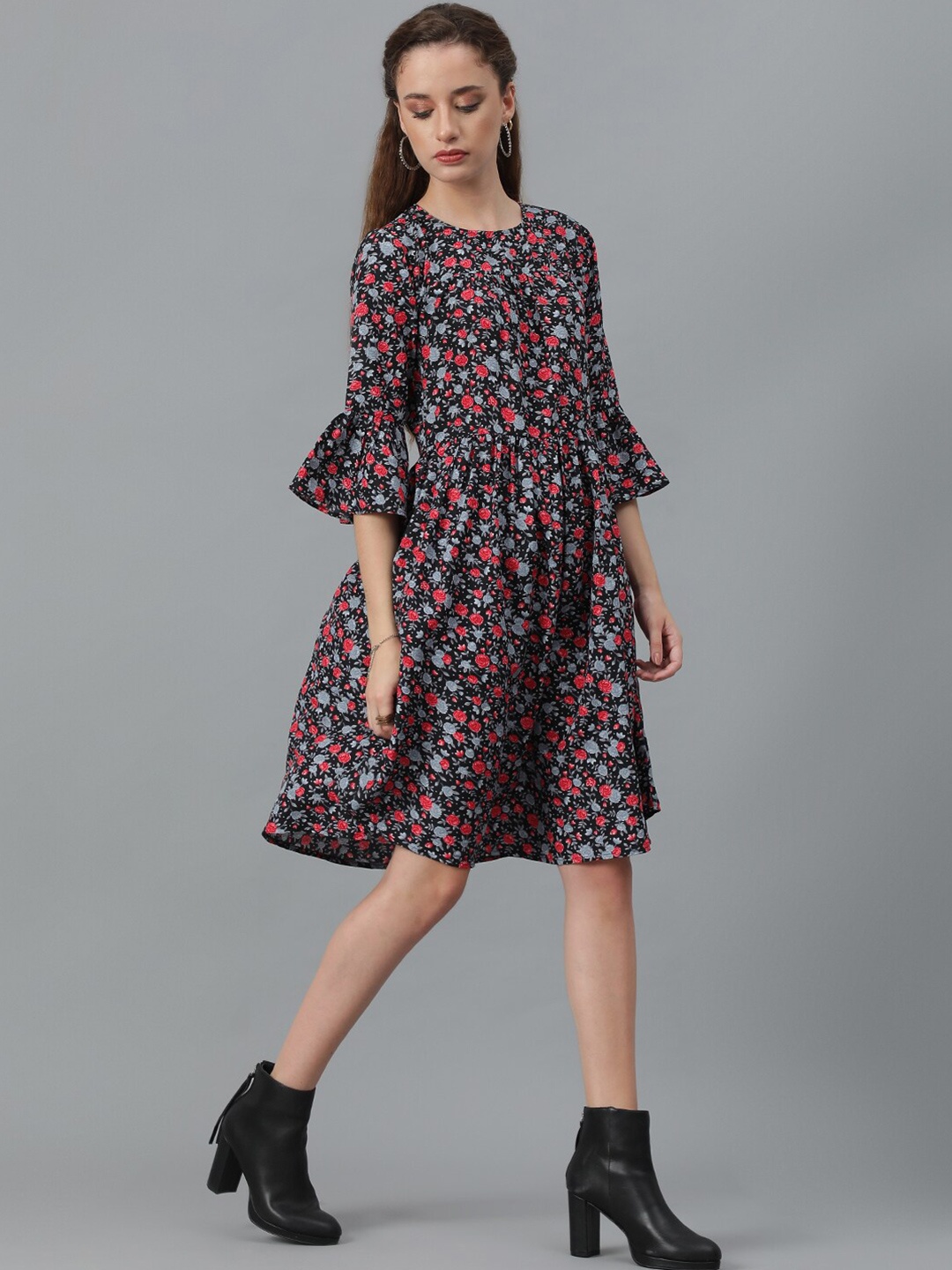 

Kotty Black & Red Floral Printed Flared Sleeves Crepe Gathered Fit & Flare Dress