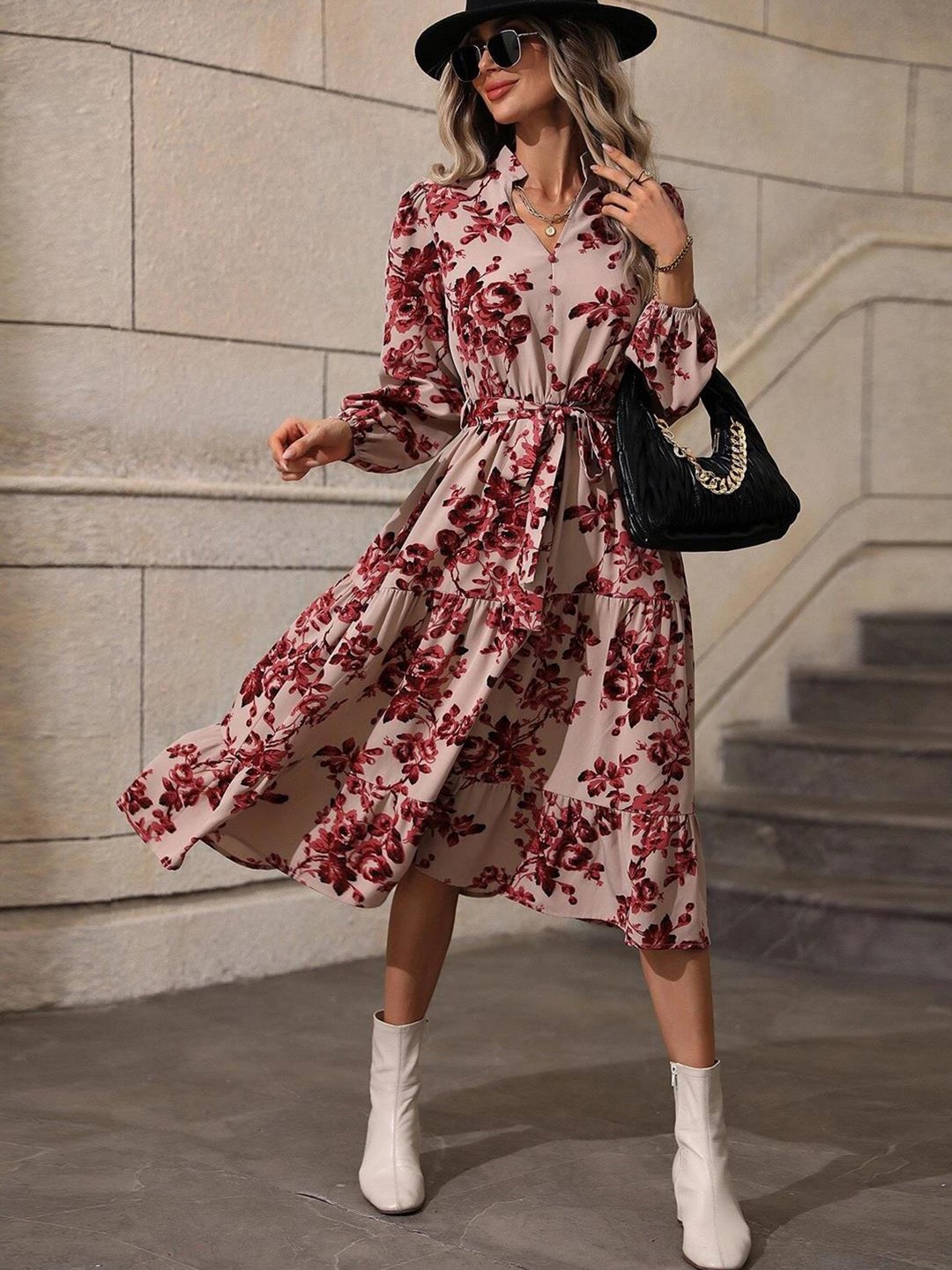 

Kotty Beige & Maroon Printed Band Collar Puff Sleeves Crepe Tiered Fit & Flare Midi Dress