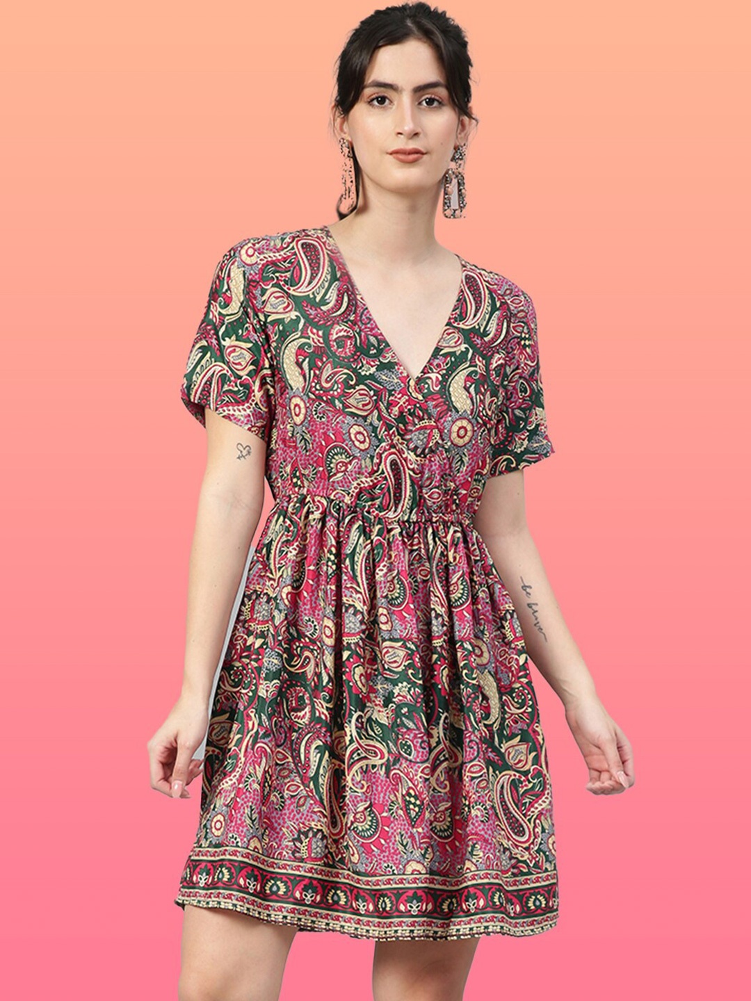 

Kotty Green & Pink Ethnic Motifs Printed V-Neck Crepe Fit & Flare Dress