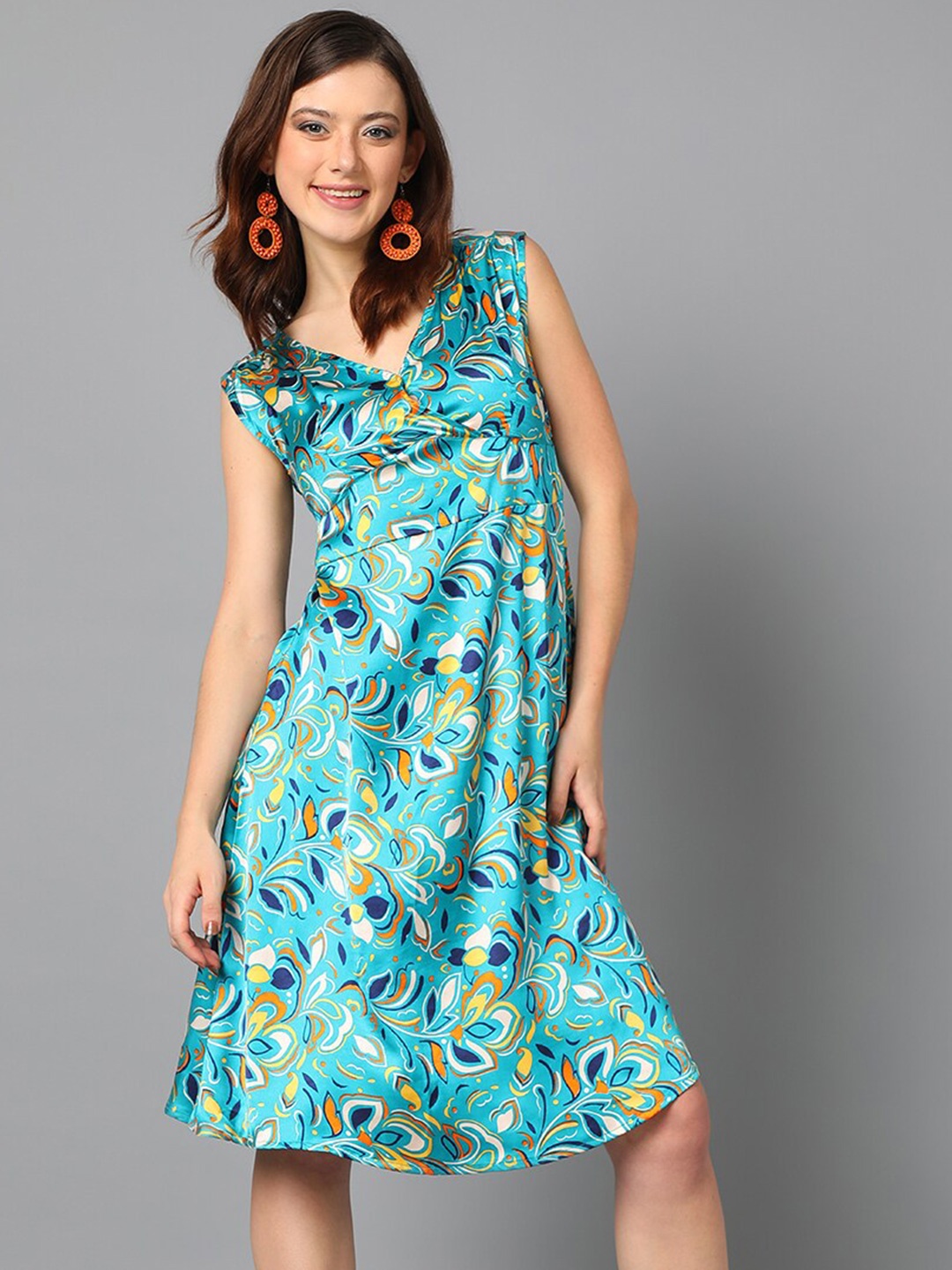 

Kotty Blue & Yellow Floral Printed Satin A Line Dress