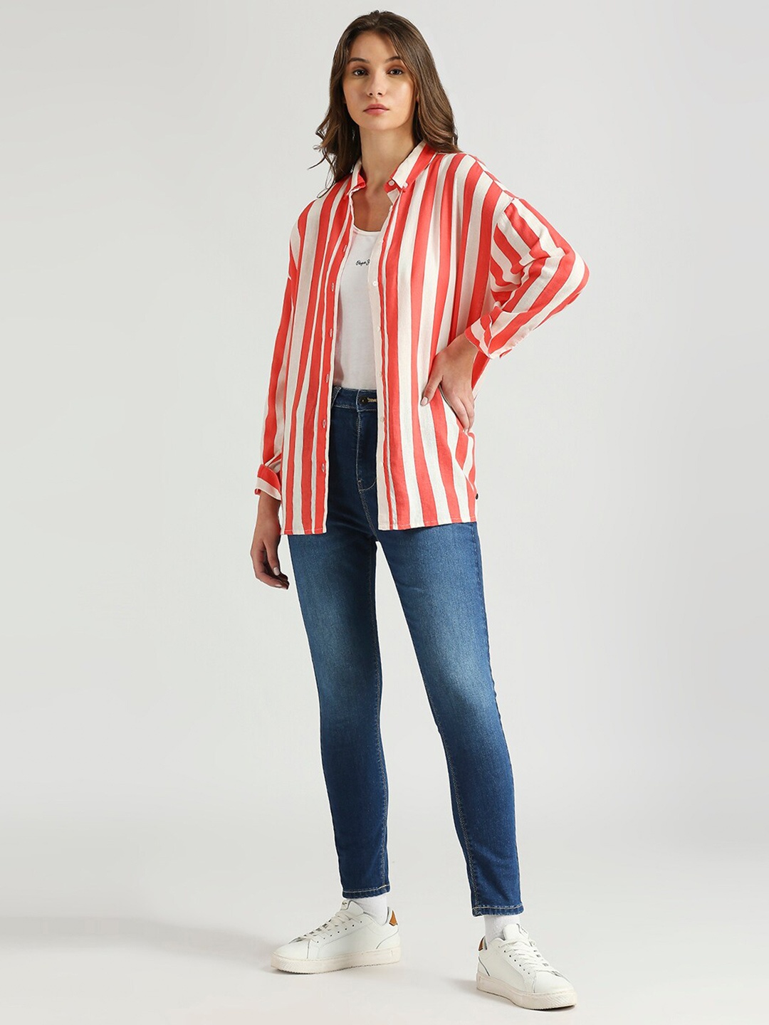 

Pepe Jeans Comfort Striped Spread Collar Oversized Casual Shirt, Red