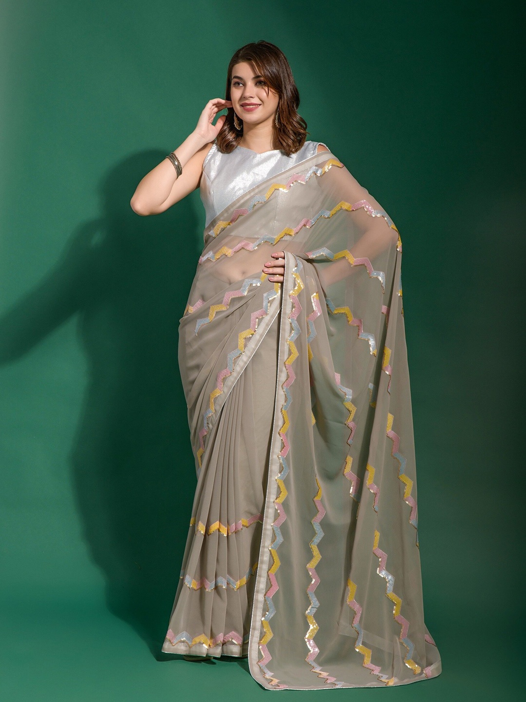 Mitera Striped Sequinned Saree, Grey