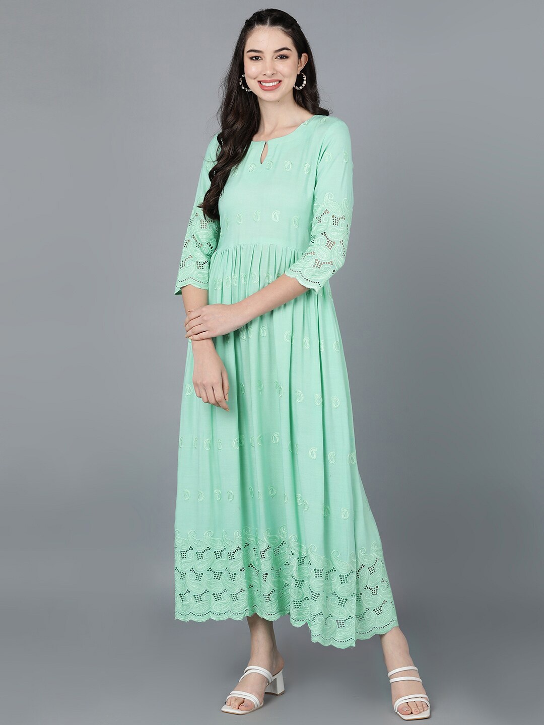 

AHIKA Ethnic Motifs Embroidered Print Fit & Flare Maxi Dress, Sea green