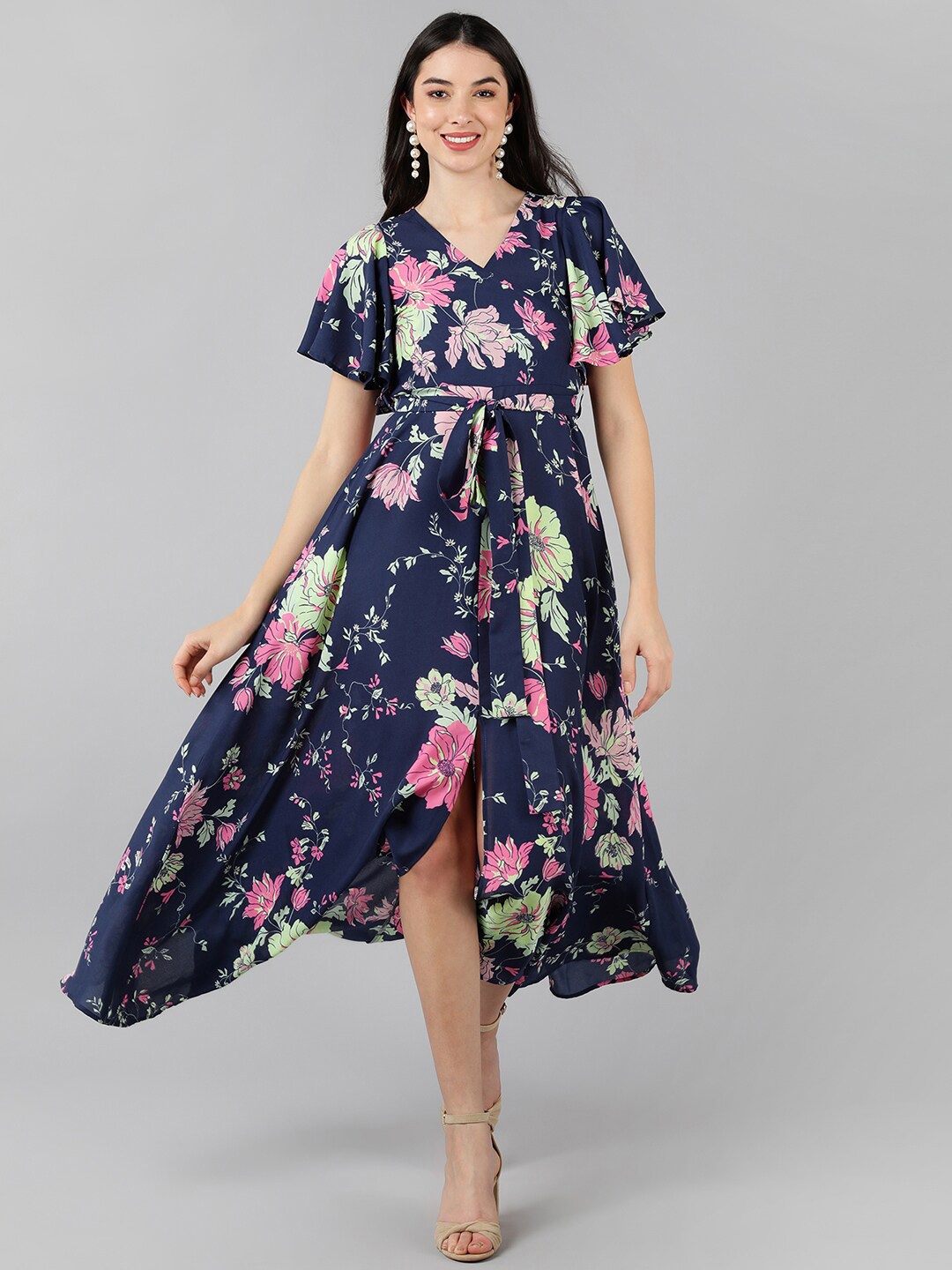 

AHIKA Floral Print Flared Sleeve Georgette Wrap Maxi Dress, Navy blue
