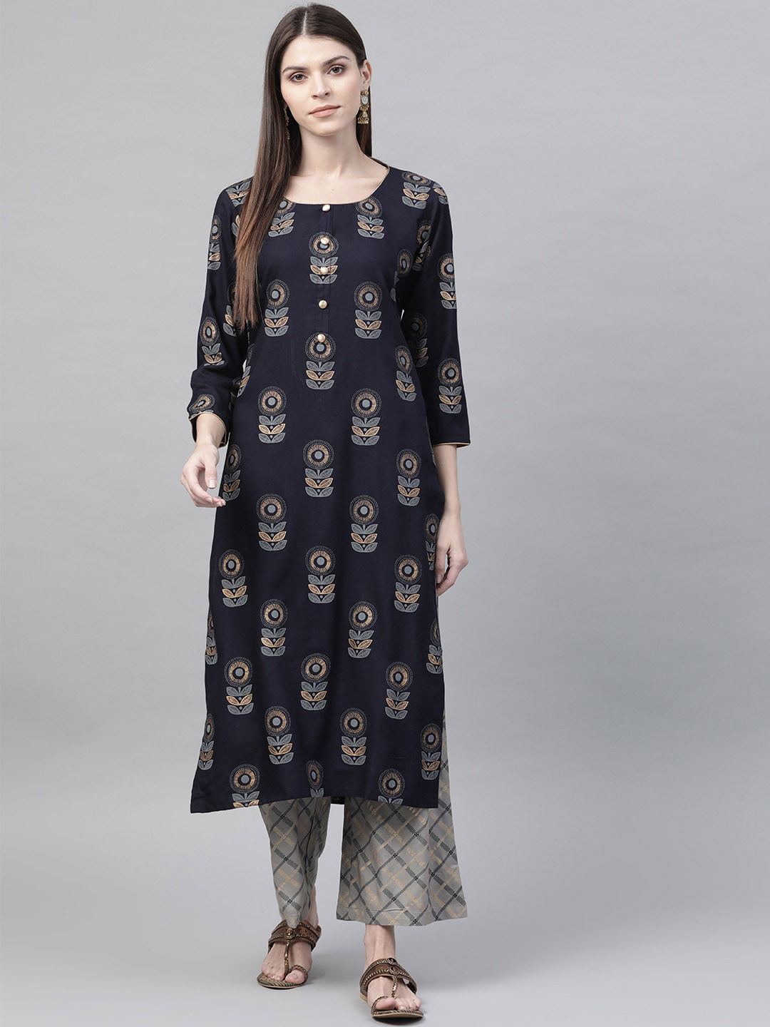 

AHIKA Ethnic Motifs Printed Straight Pure Cotton Kurta with Palazzos, Navy blue