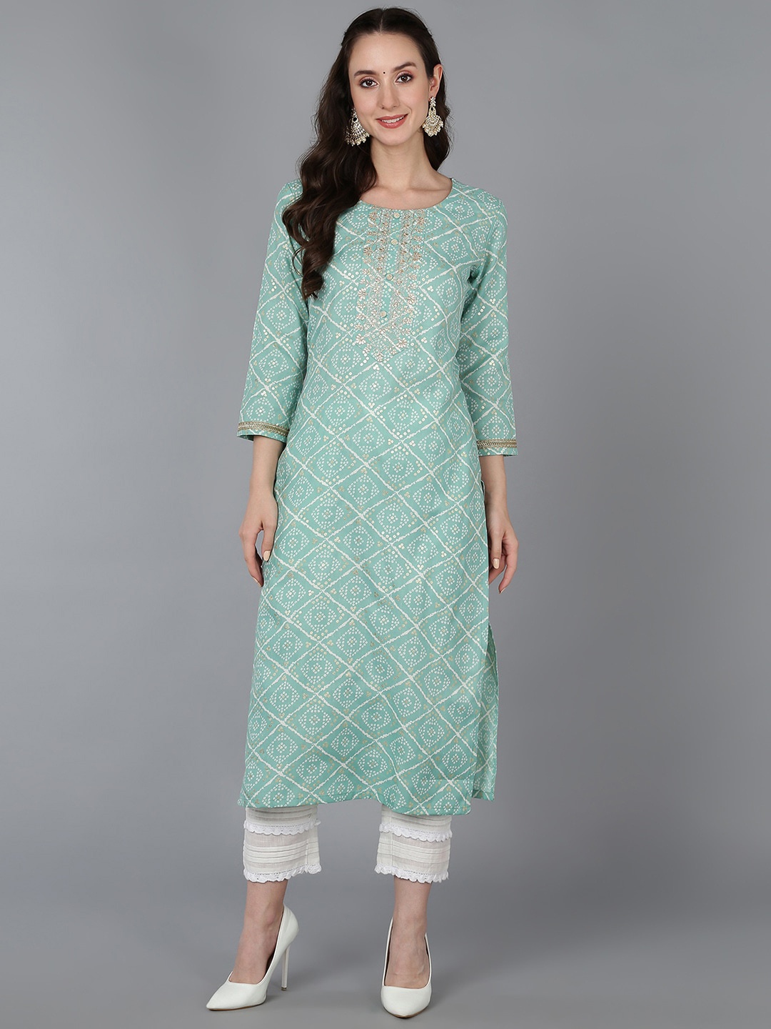 

AHIKA Bandhani Printed Straight Kurta, Sea green