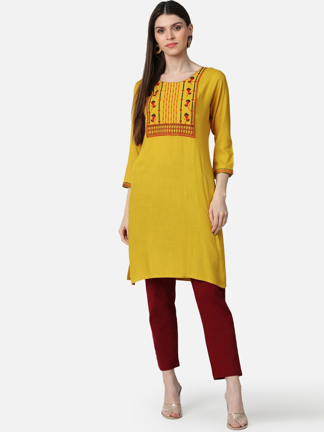 

AHIKA Ethnic Motif Yoke Design Thread Work Straight Kurta, Mustard