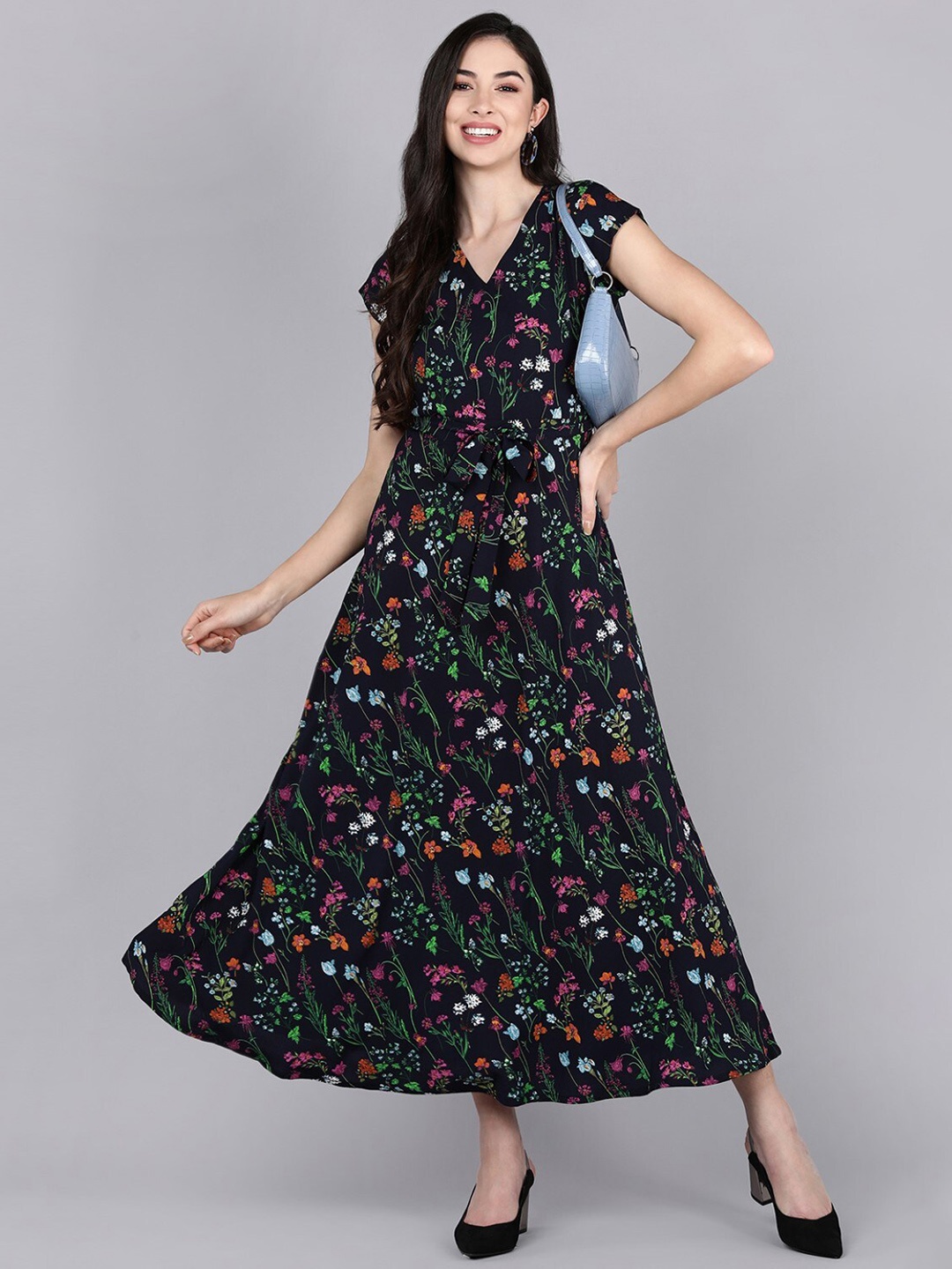 

AHIKA Floral Printed Georgette Maxi Dress, Navy blue