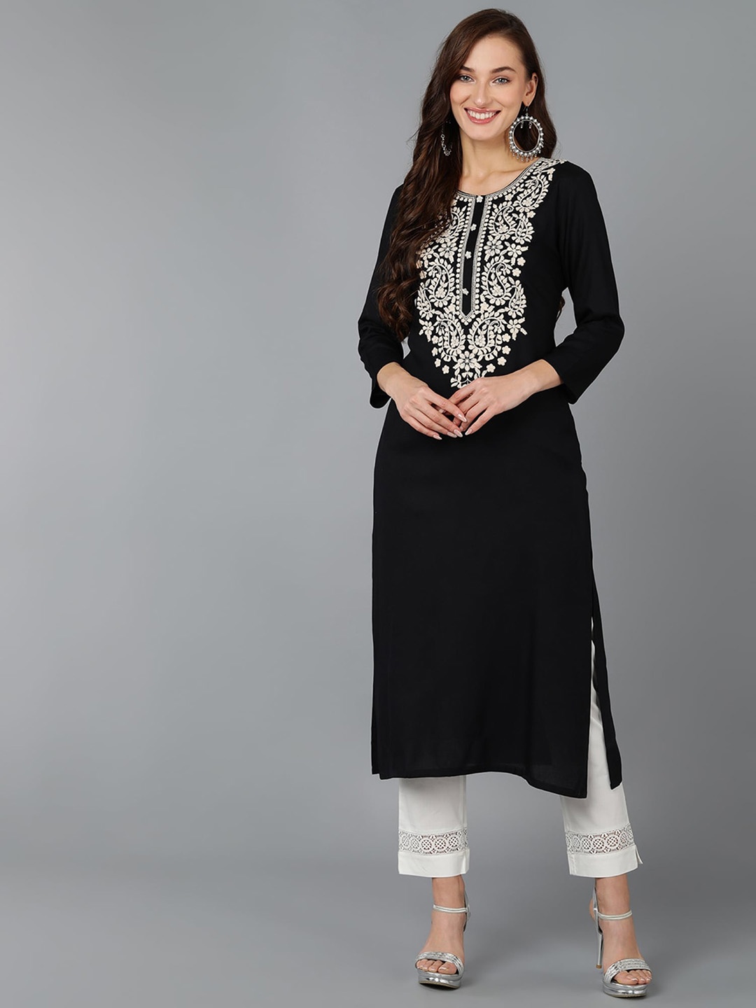 

AHIKA Paisley Yoke Embroidered Straight Kurta, Black