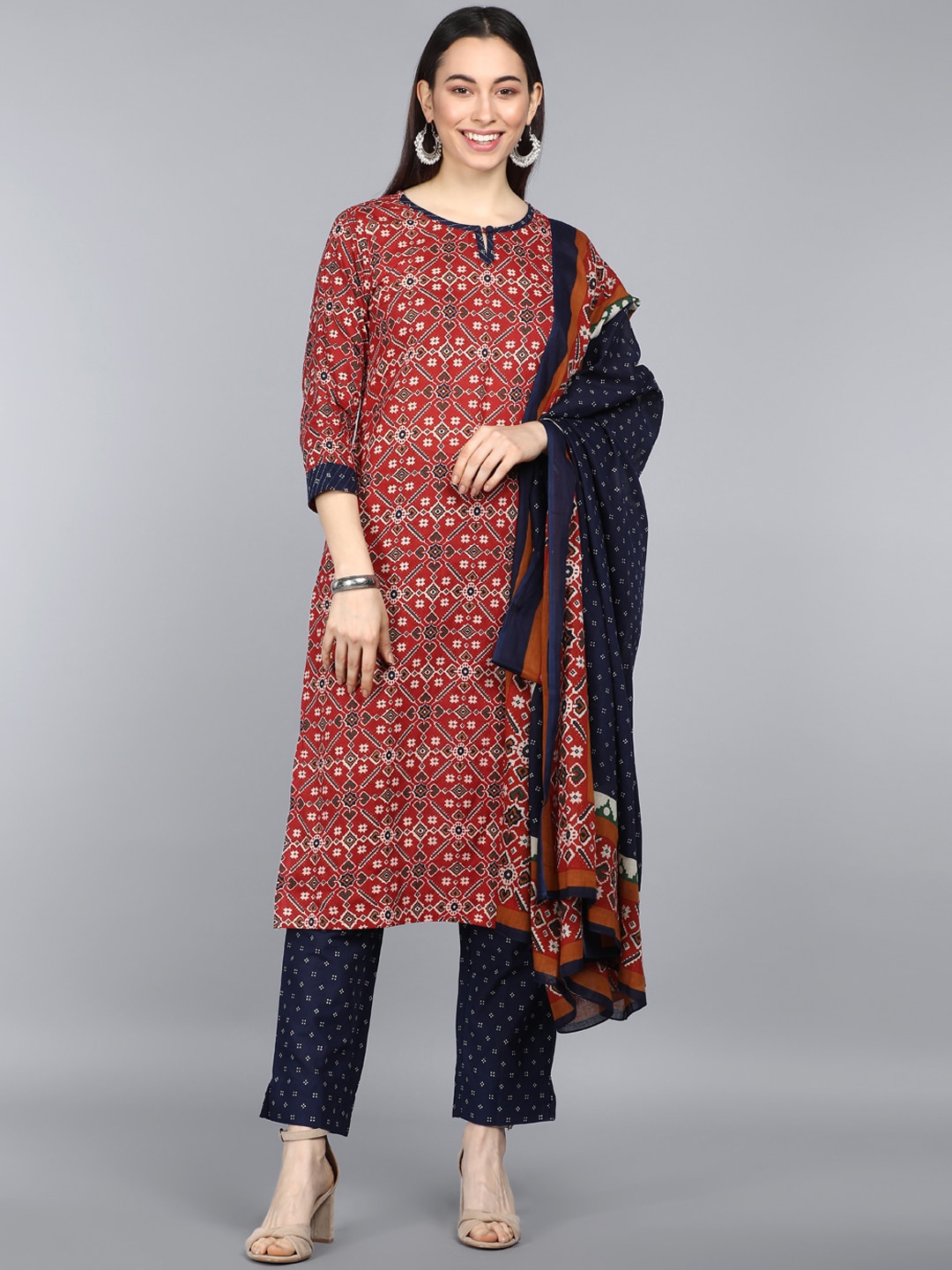 

AHIKA Ethnic Motifs Printed Straight Pure Cotton Kurta with Trousers & Dupatta, Red