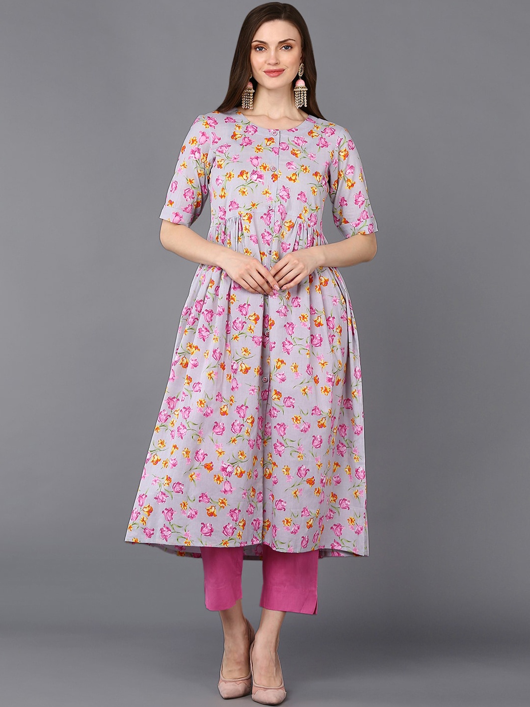 

AHIKA Floral Printed Cotton A-Line Kurta, Grey