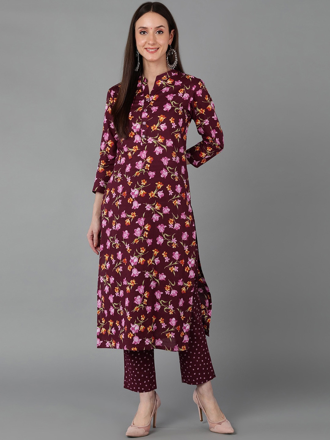 

AHIKA Floral Printed Mandarin Collar Cotton Straight Kurta, Purple