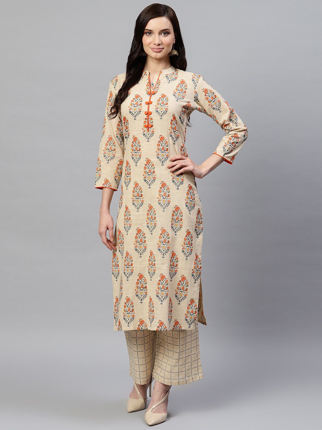 

AHIKA Ethnic Motifs Printed Straight Pure Cotton Kurta with Palazzos, Beige