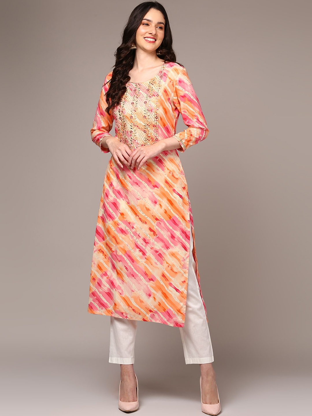 

AHIKA Leheriya Printed Thread Work Straight Kurta, Peach