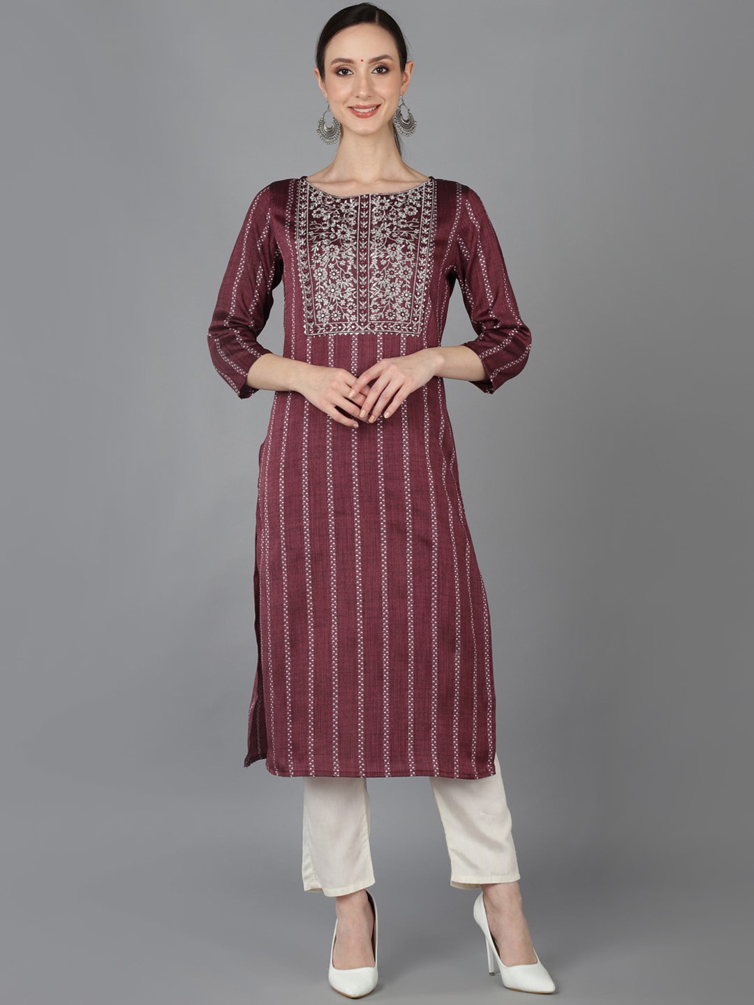 

AHIKA Striped Embroidered Mirror Work Cotton Straight Kurta, Maroon
