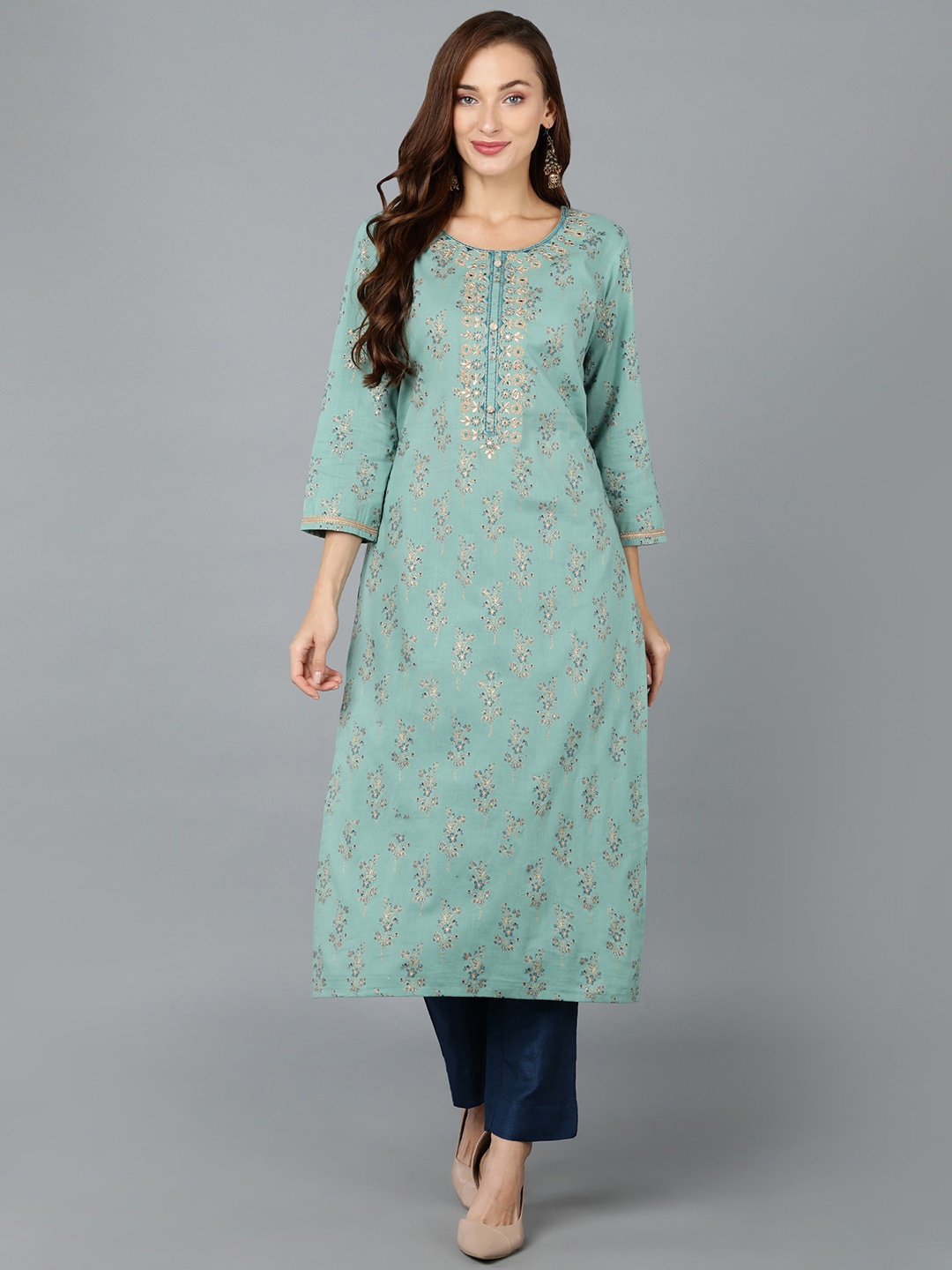 

AHIKA Floral Embroidered Round Neck Mirror Work Cotton Straight Kurta, Sea green