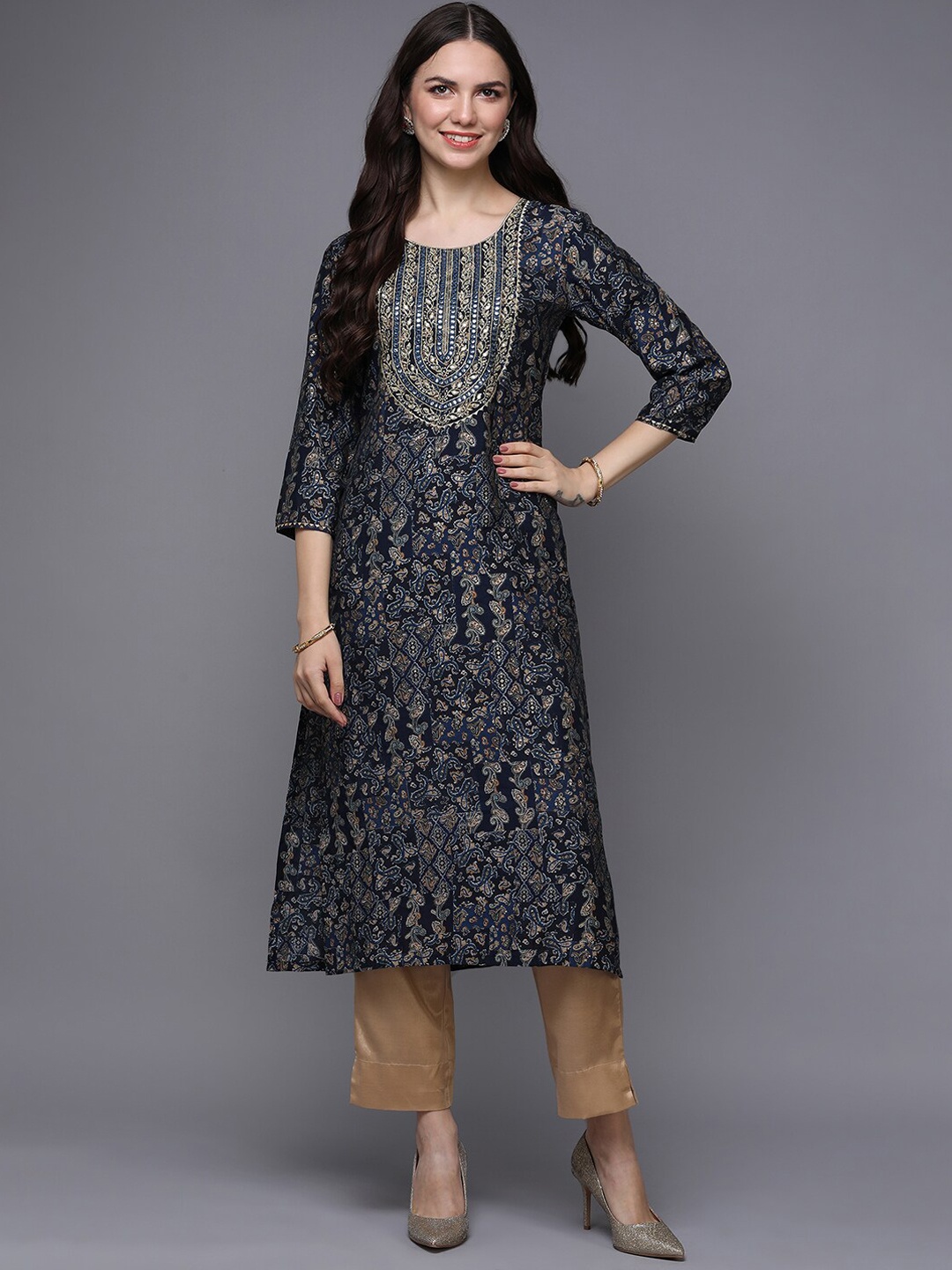 

AHIKA Navy Blue Ethnic Motifs Printed Gotta Patti Mirror Work Straight Kurta