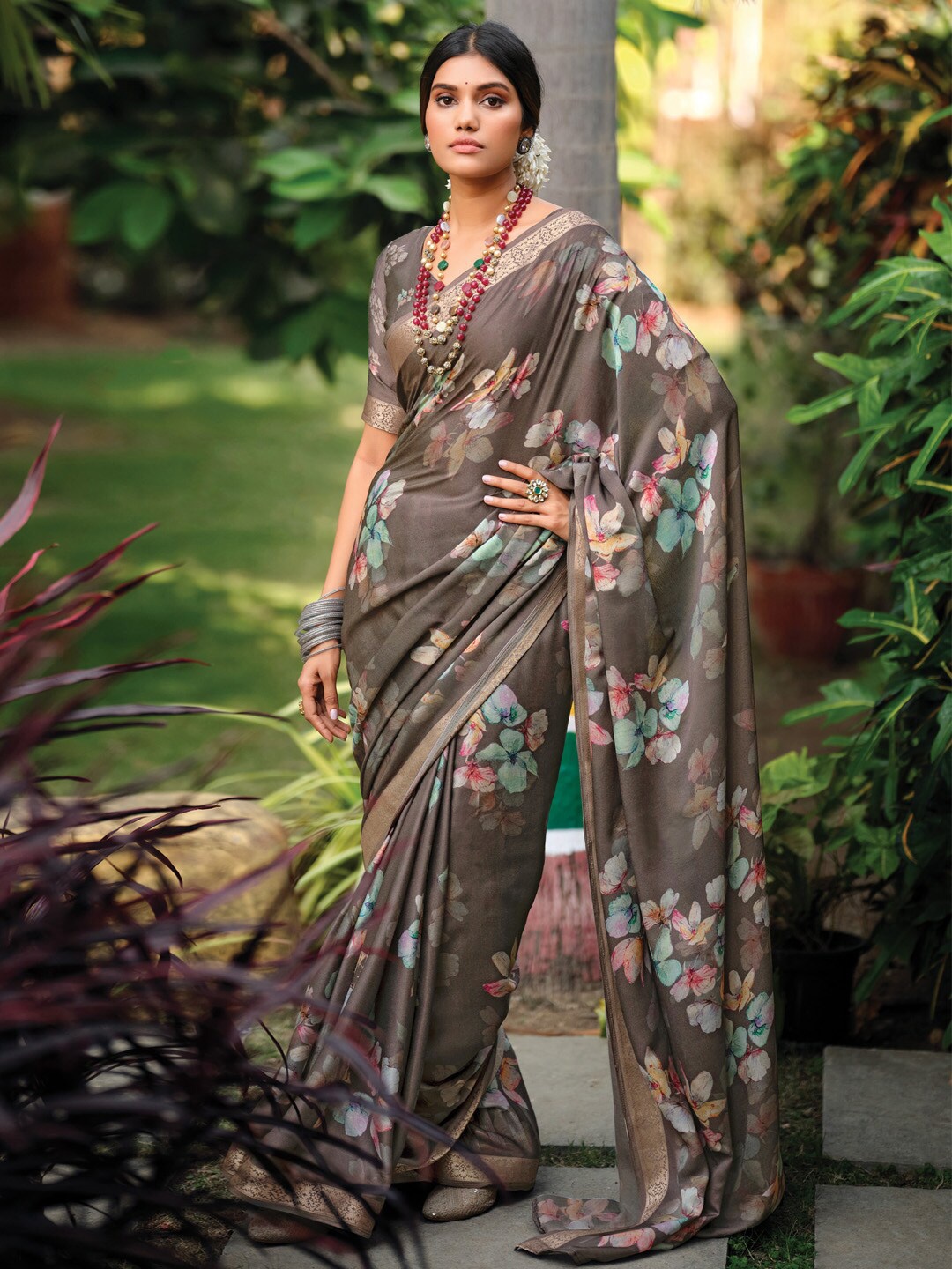 

Saree mall Floral Printed Zari Satin Saree, Brown