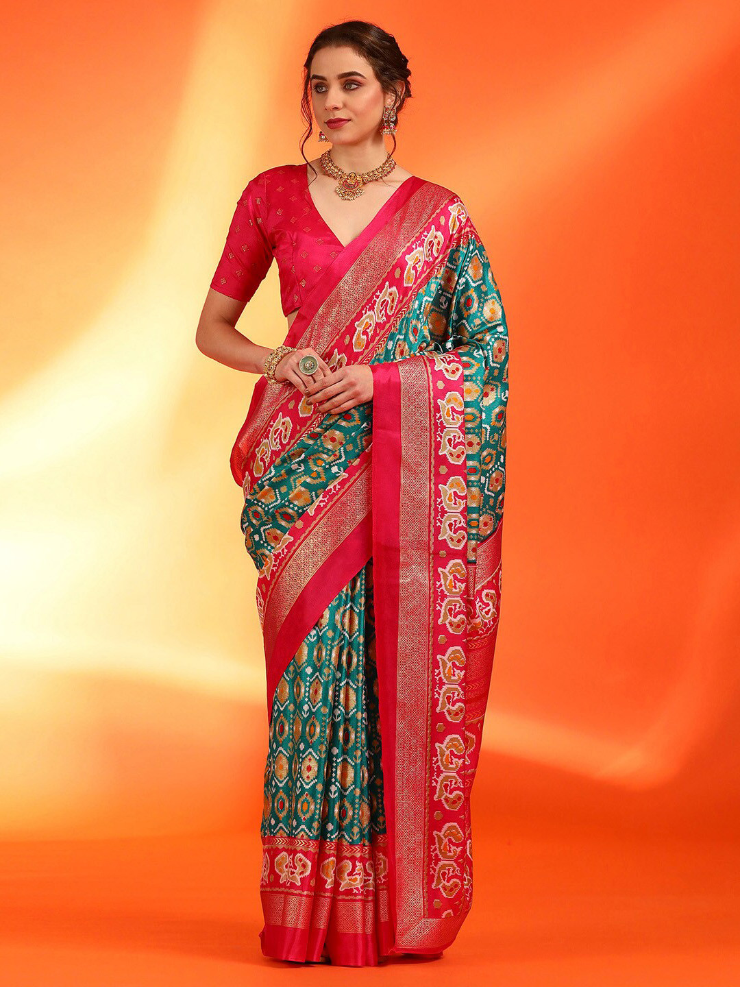 

Saree mall Woven Design Zari Pochampally Saree, Teal