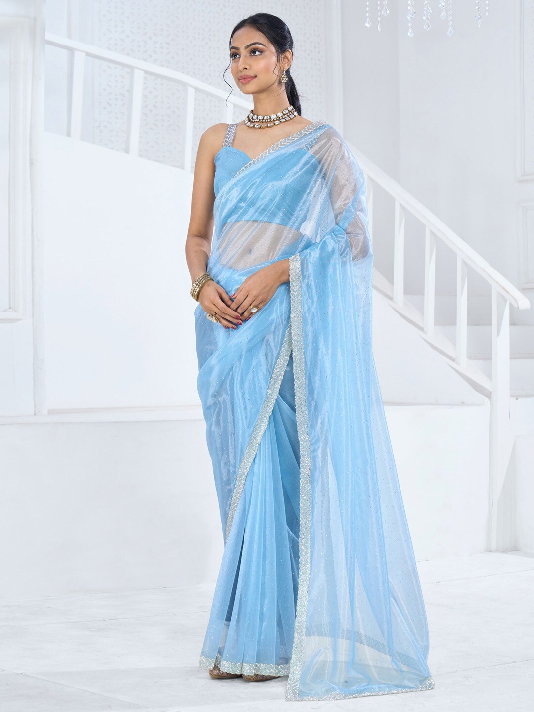 

Saree mall Embellished Beads and Stones Organza Saree, Blue
