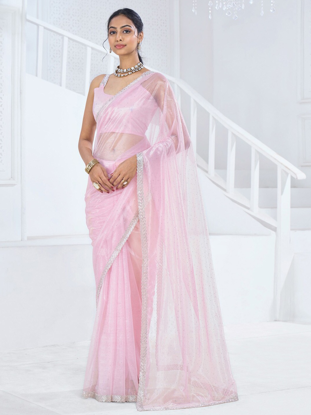 

Saree mall Embellished Beads and Stones Organza Saree, Pink