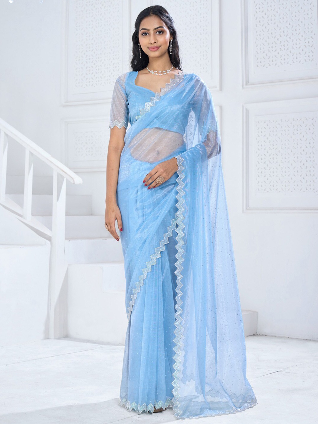 

Saree mall Embellished Beads and Stones Organza Saree, Blue