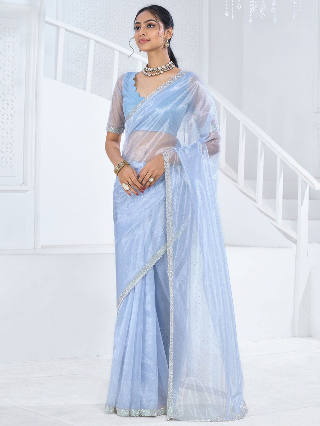 

Saree mall Embellished Beads and Stones Organza Saree, Blue