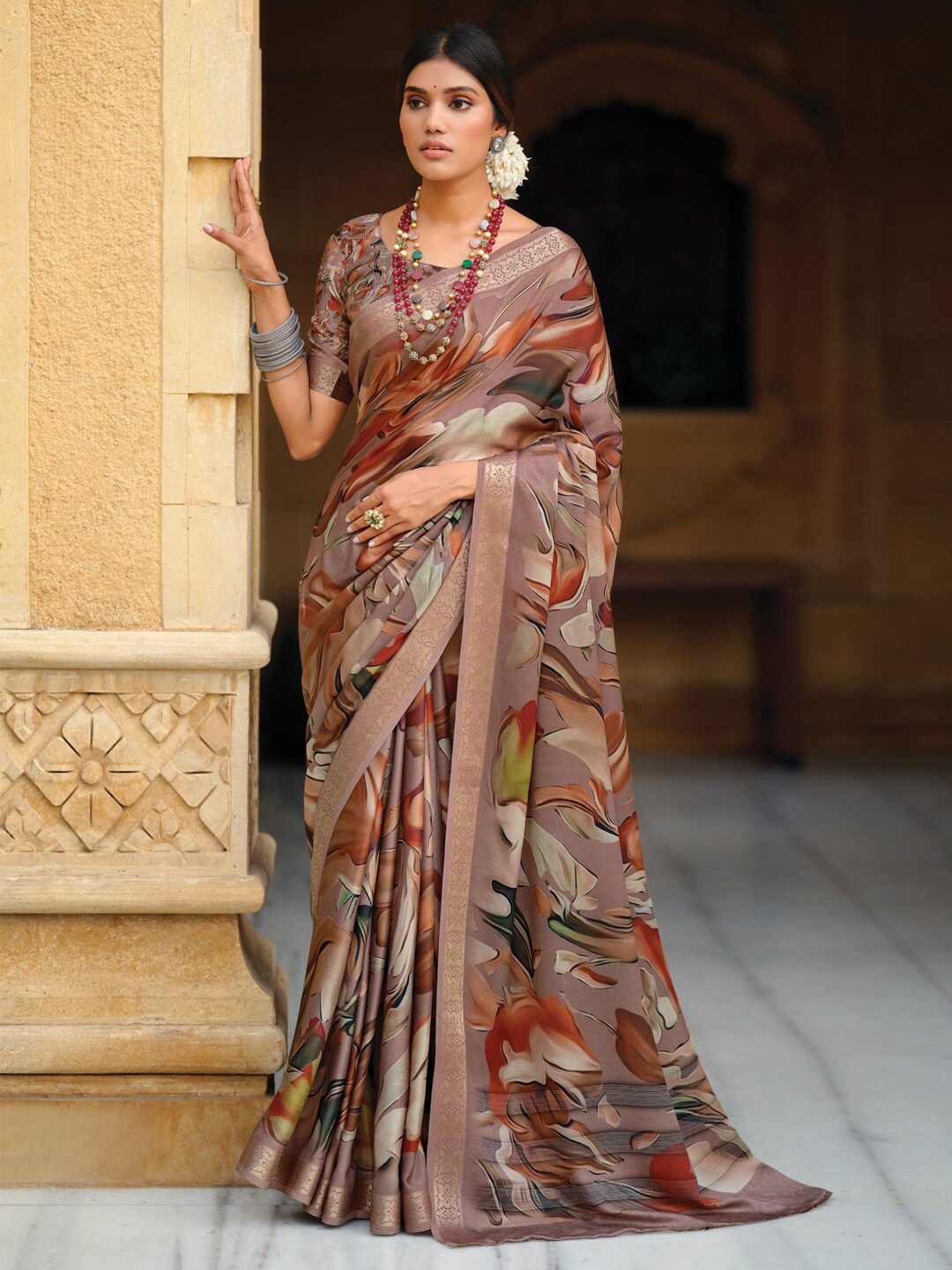 

Saree mall Ethnic Printed Zari Satin Saree, Brown