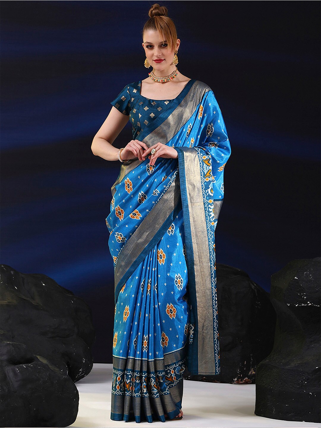 

Saree mall Woven Design Zari Pochampally Saree, Blue