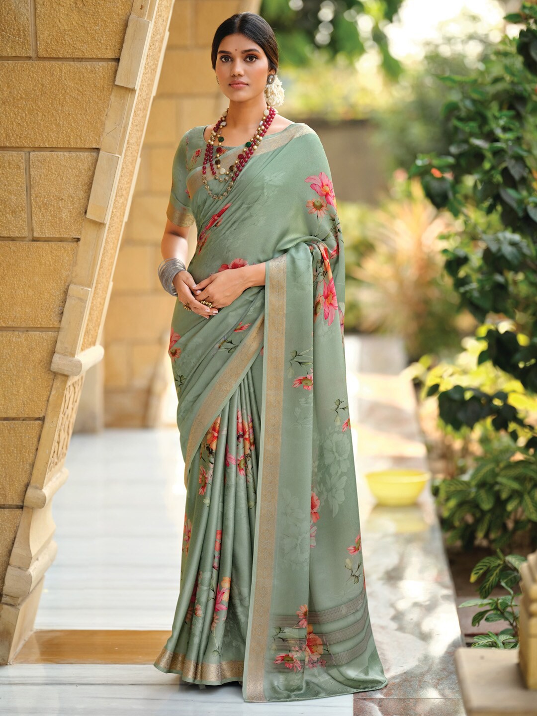 

Saree mall Floral Zari Satin Sarees, Sea green