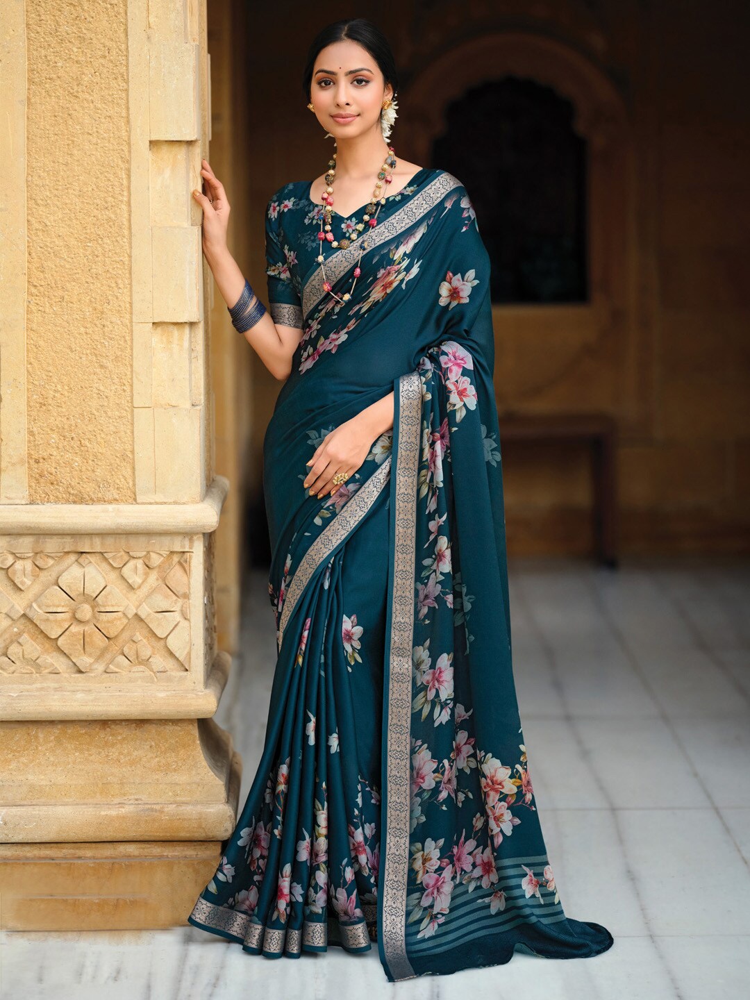 

Saree mall Floral Zari Satin Sarees, Teal
