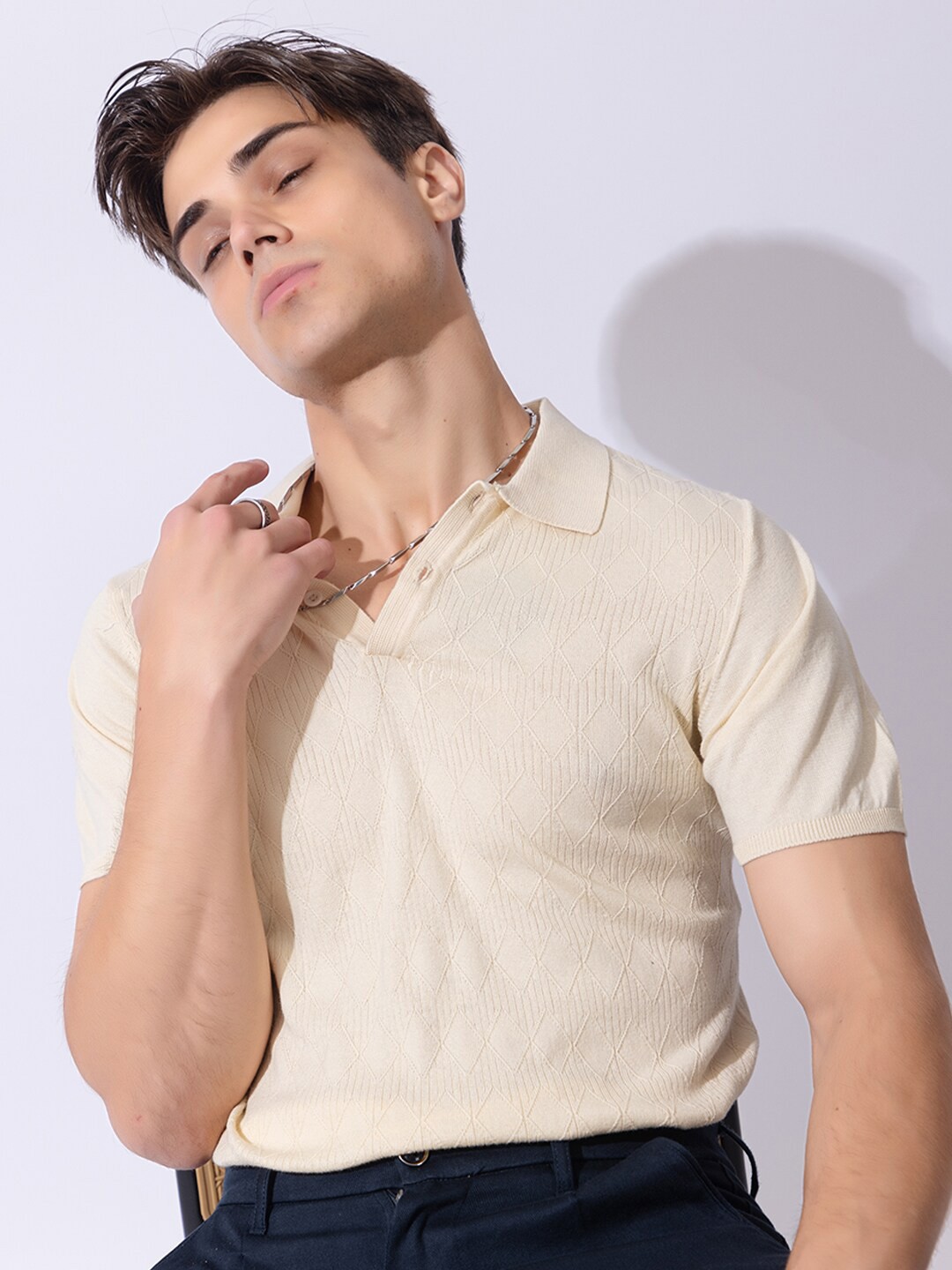 

ARMISTO Self Design Textured Polo Collar Pure Cotton Knit T-shirt, Cream