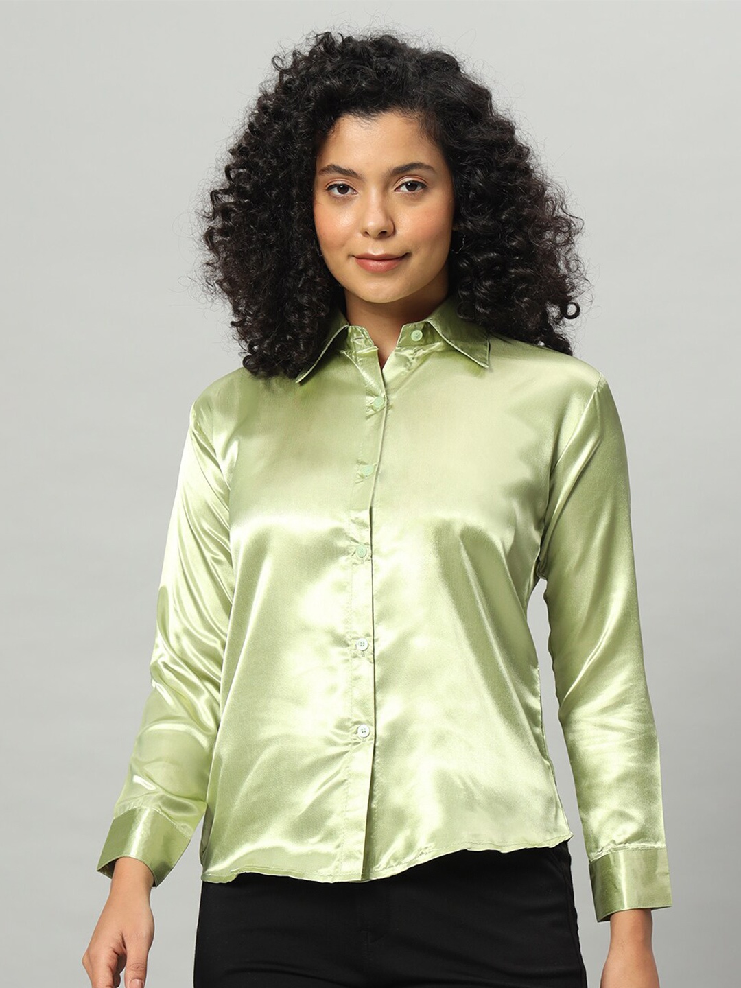 

Funday Fashion Spread Collar Satin Casual Shirt, Green