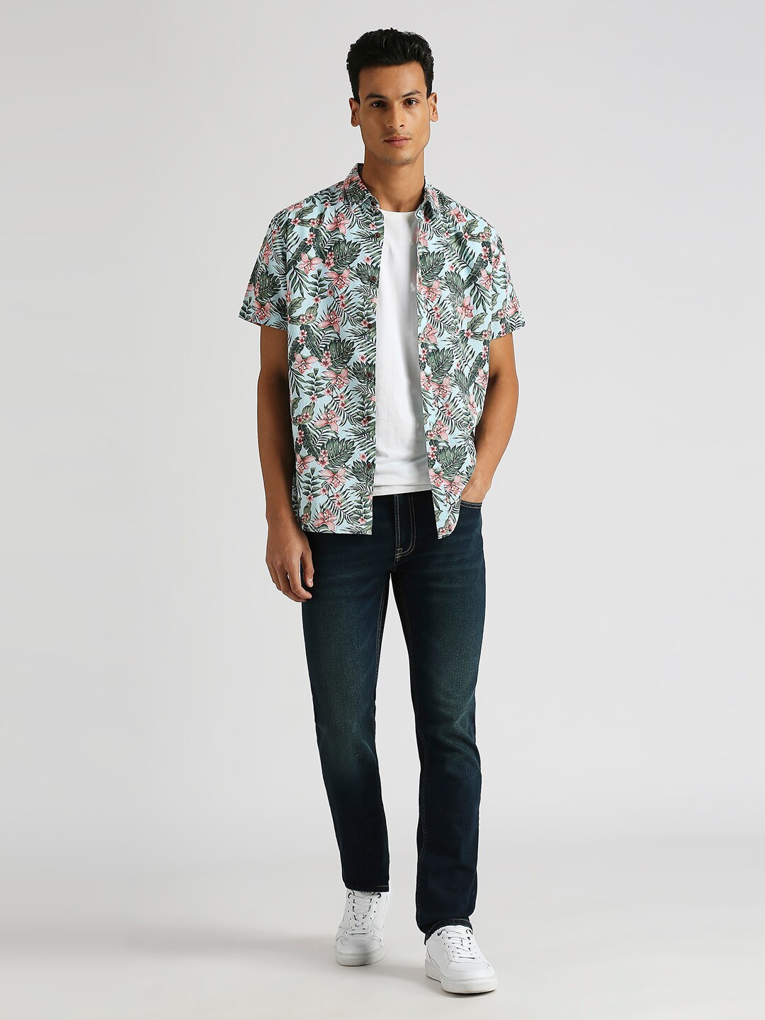 

Pepe Jeans Floral Printed Spread Collar Cotton Linen Casual Shirt, Blue