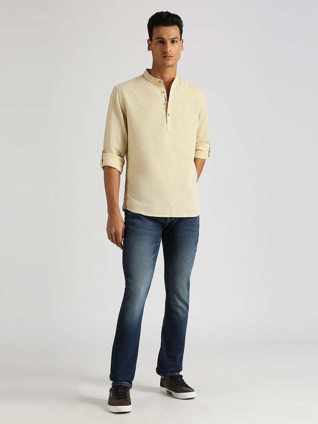 

Pepe Jeans Mandarin Collar Roll-Up Sleeves Cotton Linen Casual Shirt, Beige